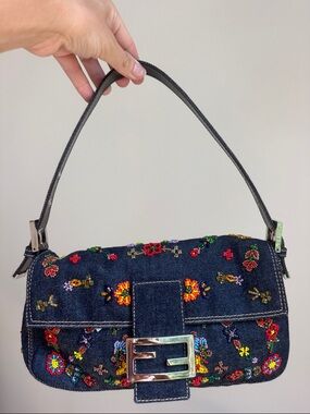 Vintage Fendi Denim Beaded Baguette Bag ✨ Rare Y2K Embellished Shoulder Bag